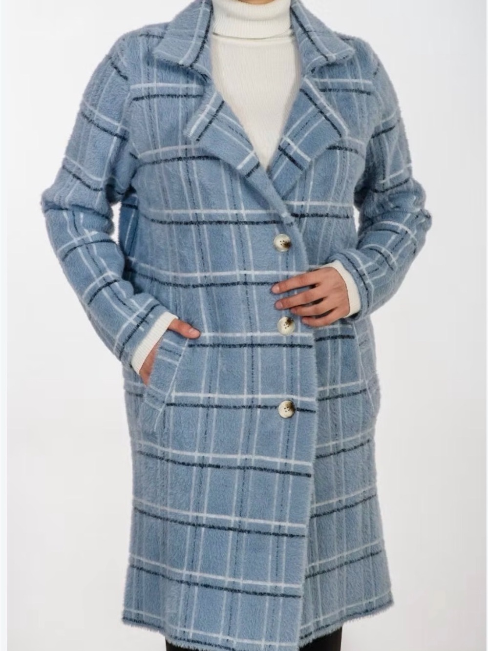 Light Blue Plaid Longline Coat Button Front Wool Look Jacket